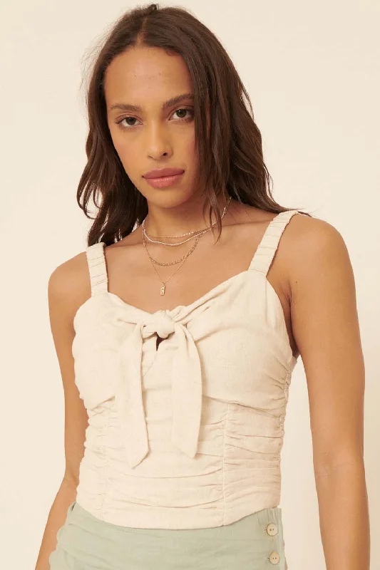 Women Online Clothing Boutiques Oatmeal Woven Ruched Self Tie Knot Cami Top