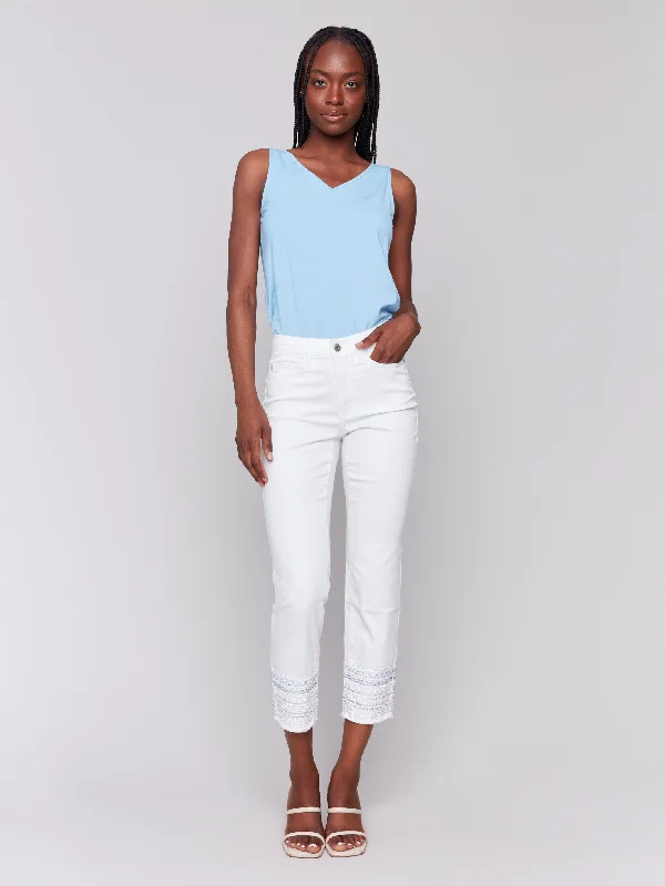 Sophisticated Outfits Embroidered Hem Jeans - White