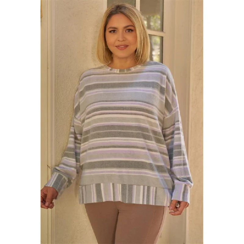 Women's High-Fashion Apparel Plus Sage & Lavender Stripped Super Soft Sweatshirt