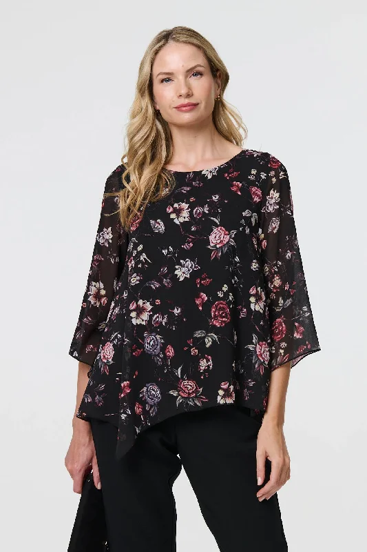 Limited Time Offer Floral Semi Sheer Hanky Hem Blouse