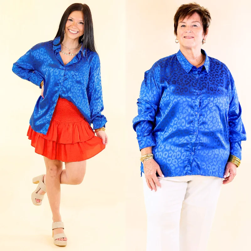 Shop Ladies Clothes Top It Off Long Sleeve Button Up Satin Leopard Top in Blue