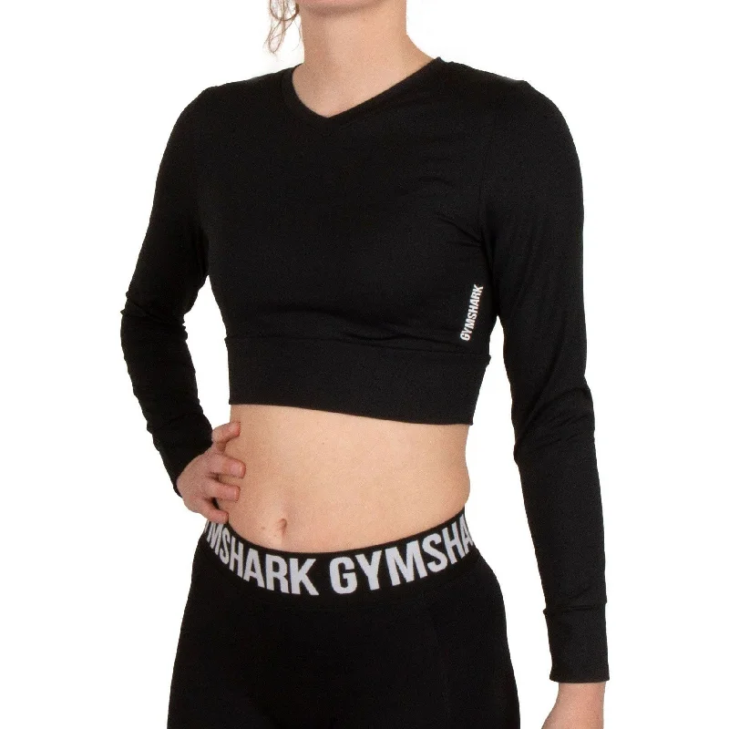 Women's Comfortable Lounge Outfit Gymshark Pause Strappy Long Sleeve Womens Crop Top - Black