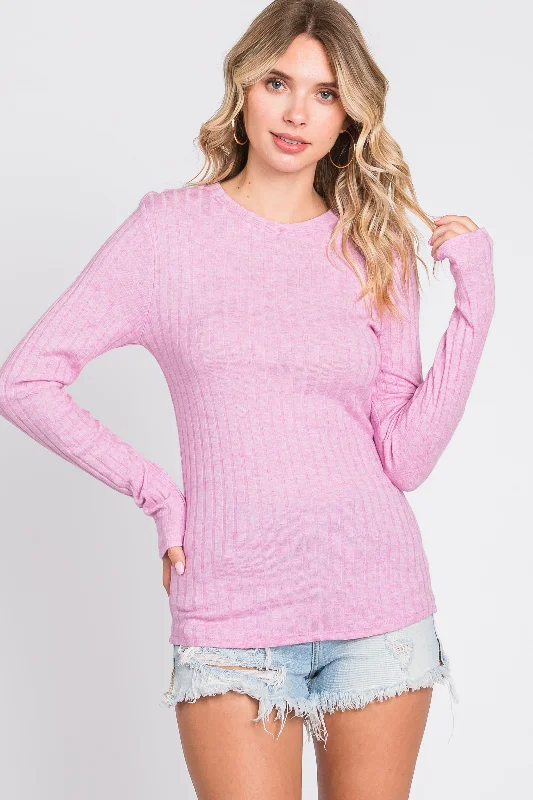 Exclusive Sale Pink Ribbed Long Sleeve Top