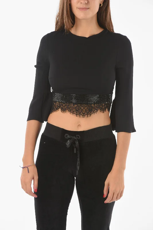 Women's Trendy Outfits Philipp Plein COUTURE Lace Detail CAUSE YOU DON'T THINK Crop Top