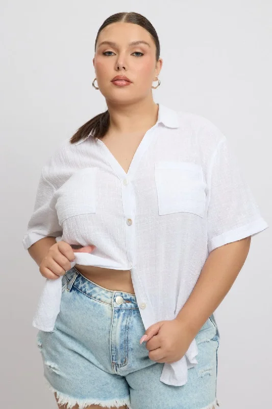 Laid-Back Elegance White Relaxed Shirt Short Sleeve Pocket