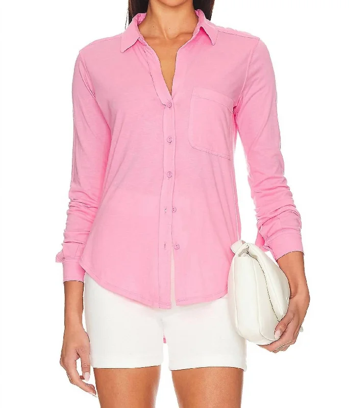 Women's Work Outfit For The Office Long Sleeve Button Front Top In Bright Pink