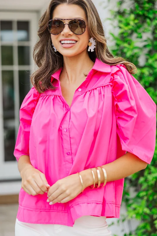 Women's Wardrobe Apparel Know You Better Fuchsia Pink Puff Sleeve Blouse