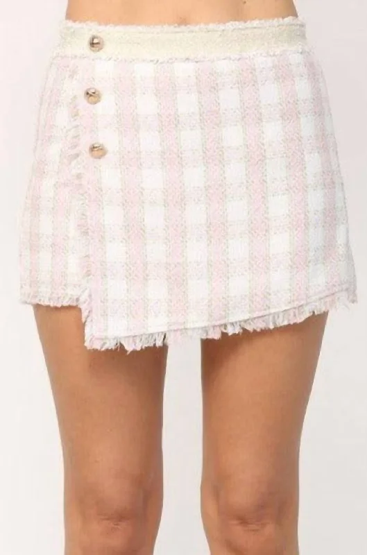 Women's Stylish Outerwear Tweed Checkered Skort In Cream/pink