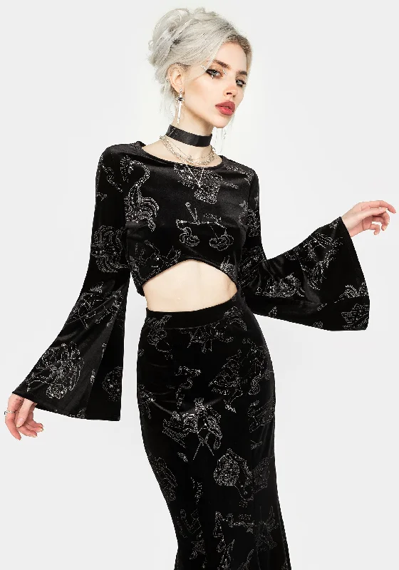 Stylish Women's Outerwear Apparel Zodiac Foil Print Flute Sleeve Crop Top