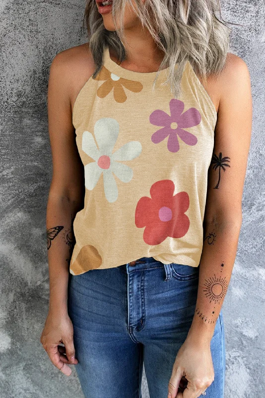 Women's High-Fashion Outfit Flower Print Round Neck Tank