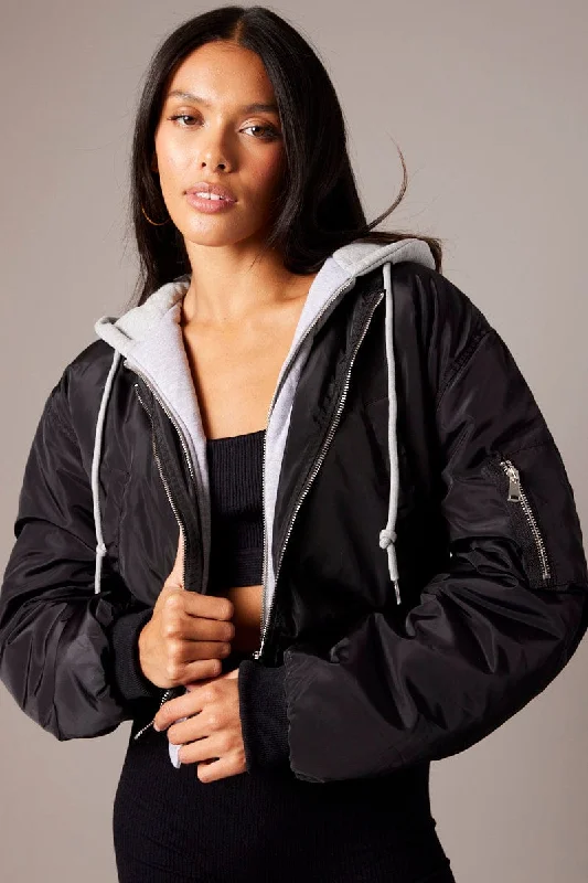 Women's Seasonal Attire Black Hoodie Bomber Jacket