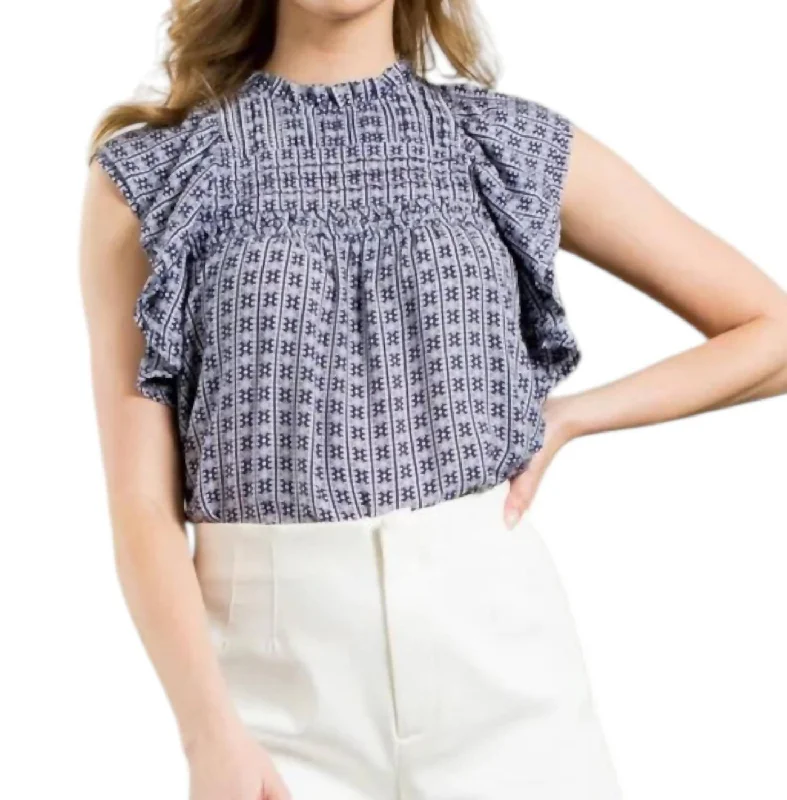 Stylish Women's Outfit Flutter Sleeve Print Top In Navy/white