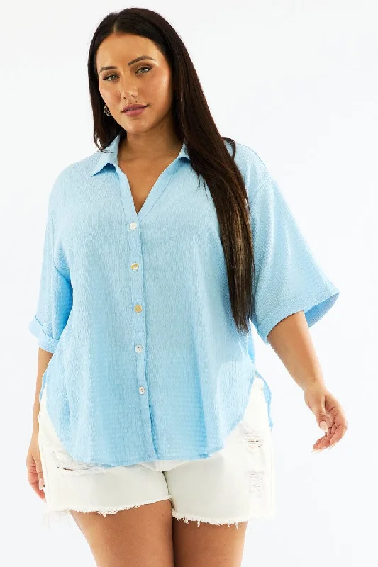 Trendy Street Style Blue Textured Shirt Short Sleeve