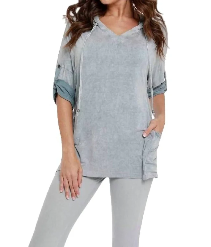 Chic & Cozy Apparel Hooded Drawstring Tunic Top In Gray