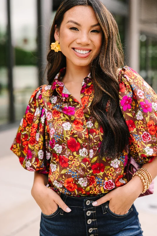 Women's Casual Apparel Where You Belong Brown Floral Blouse