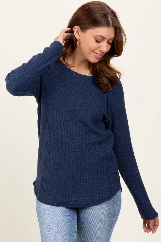 Women's Comfortable Lounge Garments Navy Waffle Knit Raglan Long Sleeve Top