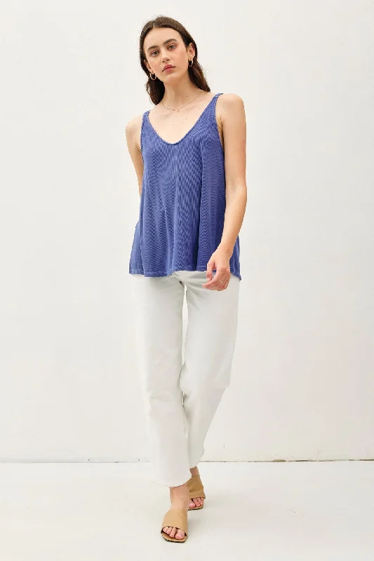 Casual Chic Navy Blue Ribbed V-Neck Flowy Tank