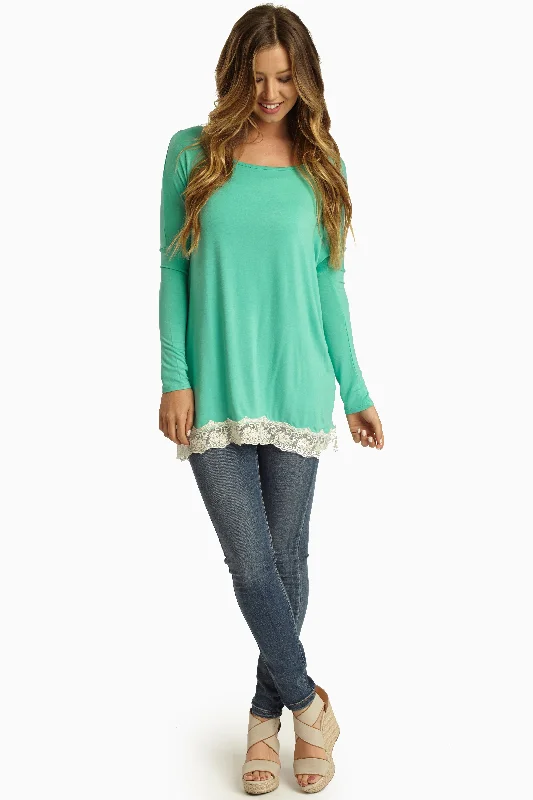 Women's Stylish Professional Apparel Mint Green Lace Trim Long Sleeve Top