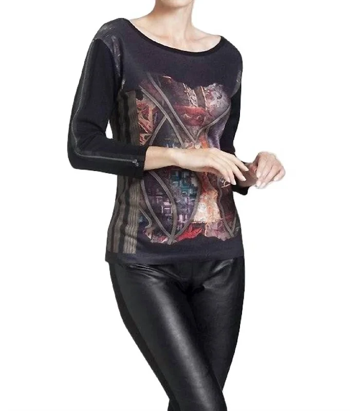 Women's Active Garments For Workouts Sheer Panel Graphic Print Top In Black Multi