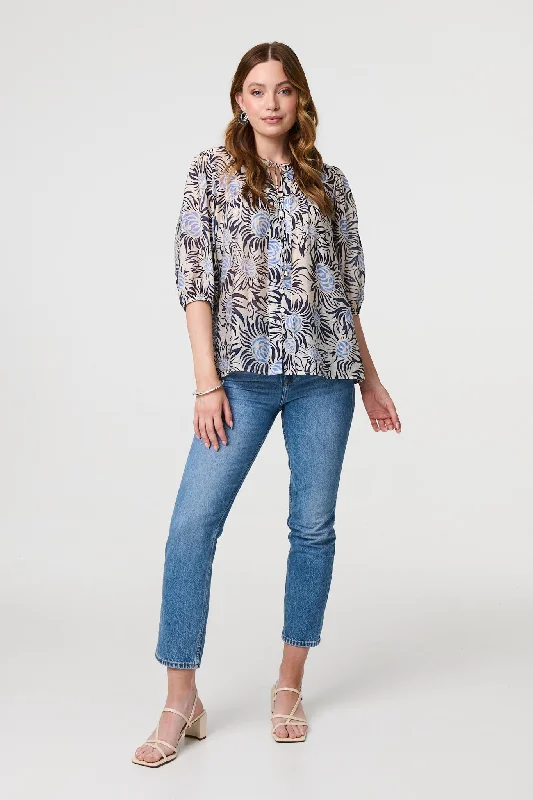 New Arrival Discounts Floral 3/4 Puff Sleeve Relaxed Blouse