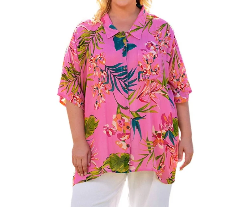 Minimalist Women's Fashion Clothing Short Sleeve Ibiza Shirt - Plus In Pink Palms