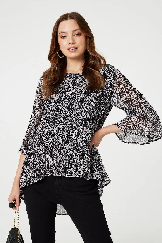 Exclusive Discount Ditsy Floral Flare Sleeve Curve Hem Blouse