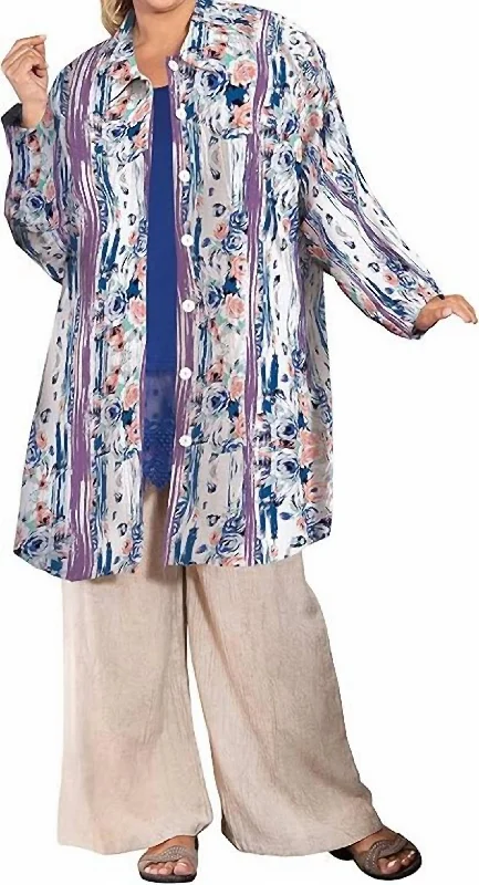 New Arrival Discount Printed Long Sleeve Chiffon Button Up Rodie Tunic - Plus In Purple Rose