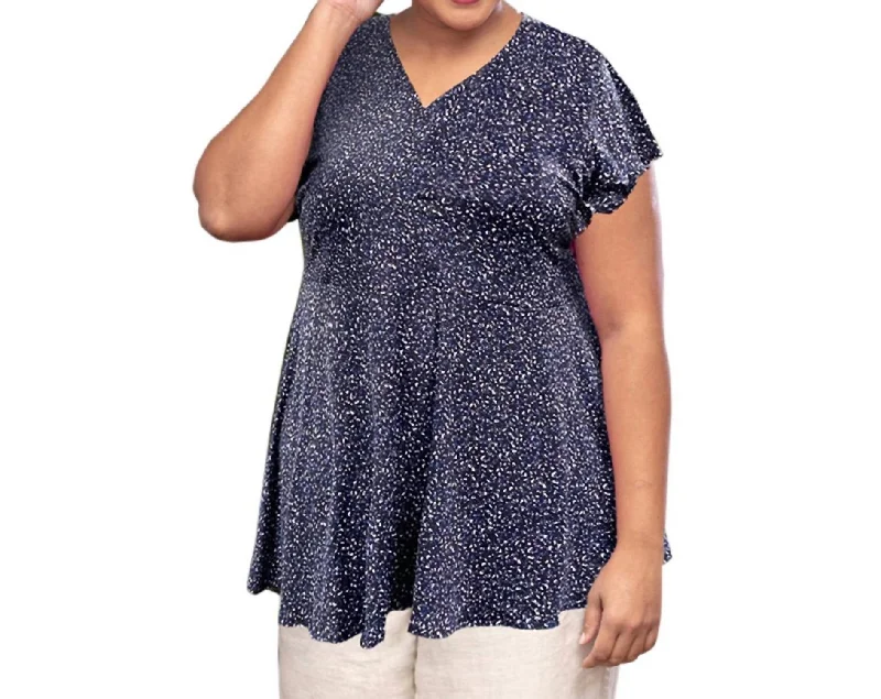 Elegant Women's Clothing Online Printed Short Sleeve Baby Doll Top - Plus In Navy Dot