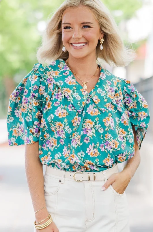 Bold Fashion It's Your Day Juniper Green Floral Blouse