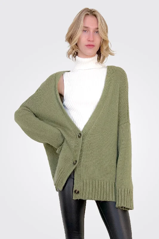 Women's Sports Apparel Oversized Low Neck Cardigan - Moss Olive