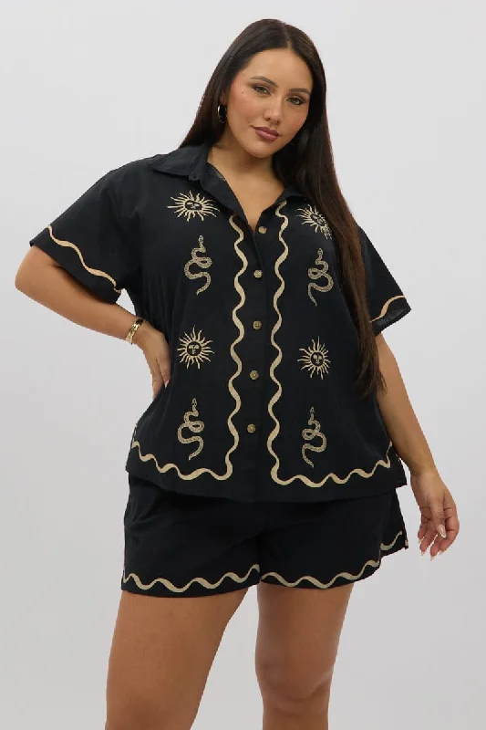 Women's Clothes Black Relaxed Shirt Short Sleeve