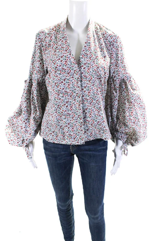 Women's Transitional Outfit Hellessy Womens Button Front Long Sleeve V Neck Floral Top White Multi