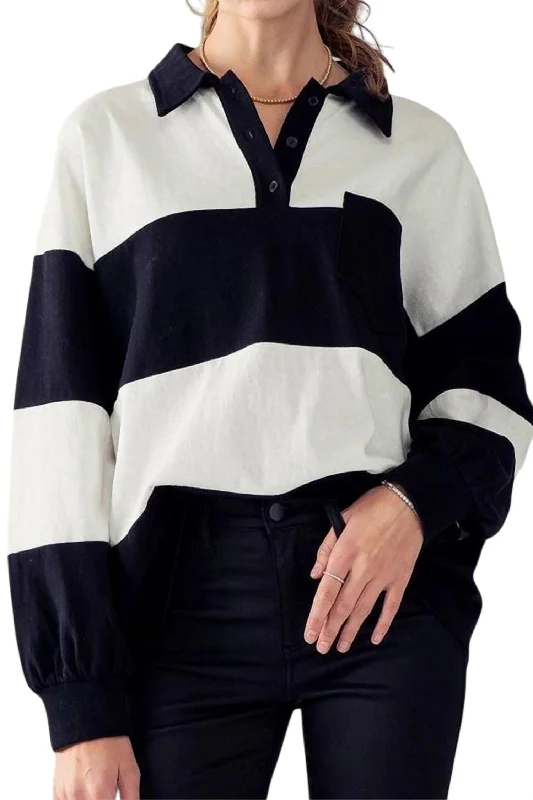 Women's Evening Wear Long Sleeve Striped Rugby Tee In Black/white