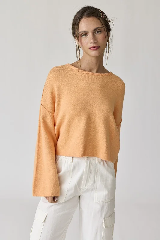 Street Style Fashion Peach Loose Fit Round Neck Crop Length Knit Top