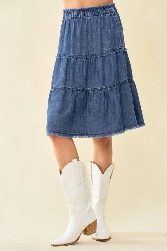 Glamorous Evening Wear Tiered Frayed Denim Skirt