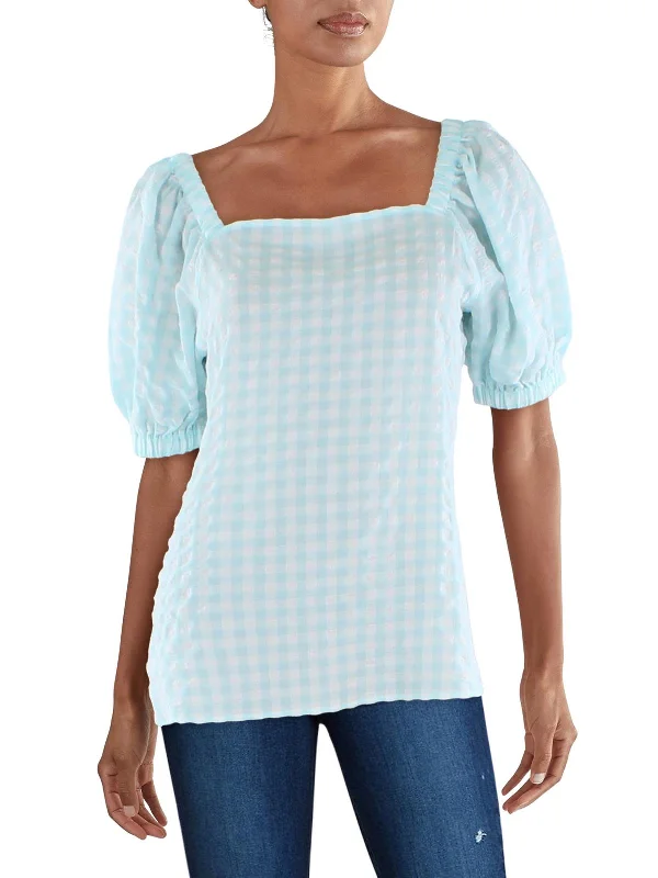 Casual Wear Womens Checkered Square-Neck Pullover Top