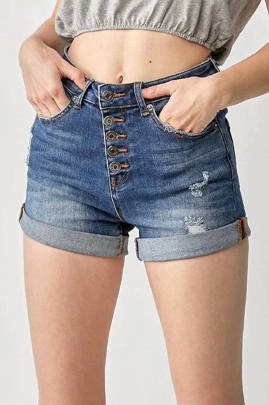 Seasonal Trends High Rise Button Fly Roll Up Shorts In Dark