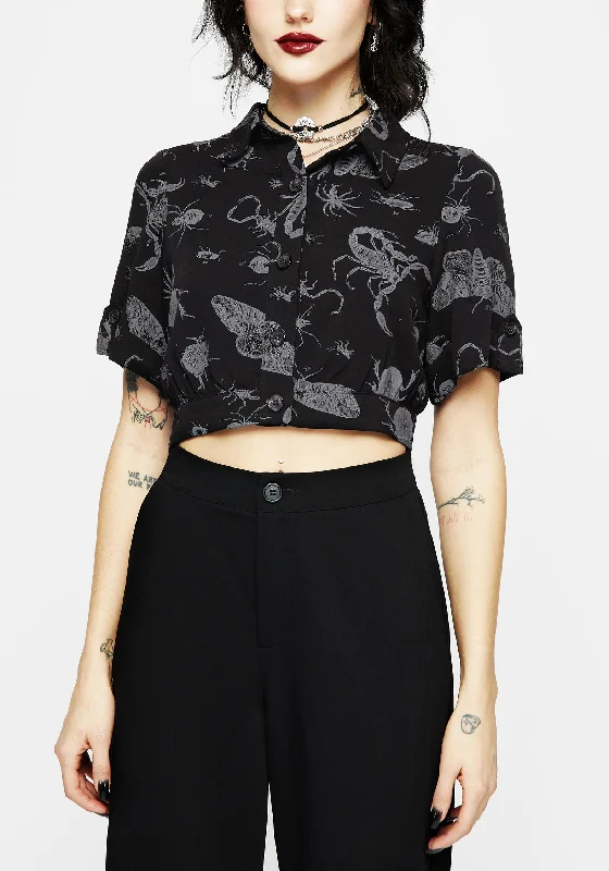 Casual Chic Parasite Bugs Short Sleeve Crop Shirt - Black