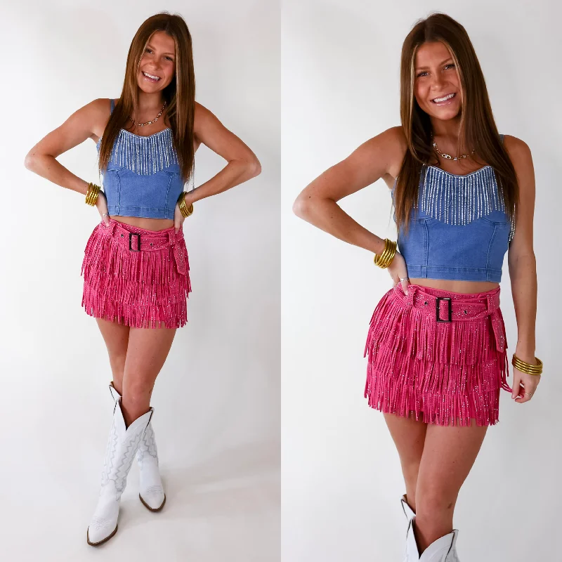 Sophisticated Women's Fashion Broadway Lights Crystal Fringe Crop Top with Spaghetti Straps in Denim