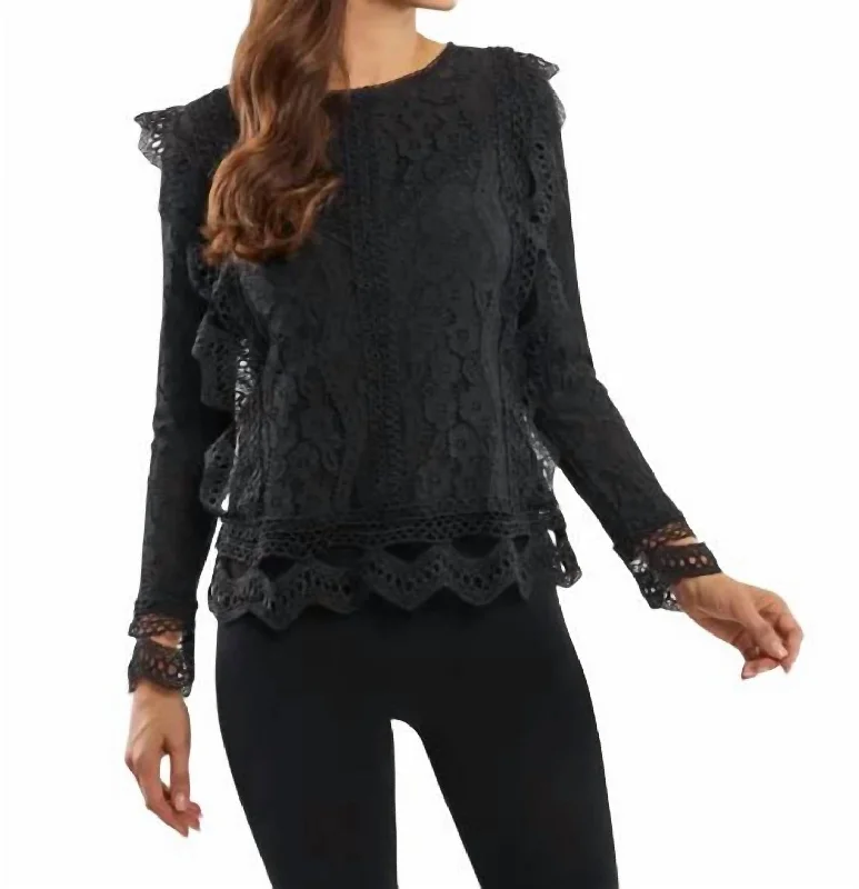 Chic Women's Outfit Ideas Lace Ruffle Long Sleeve Top In Black