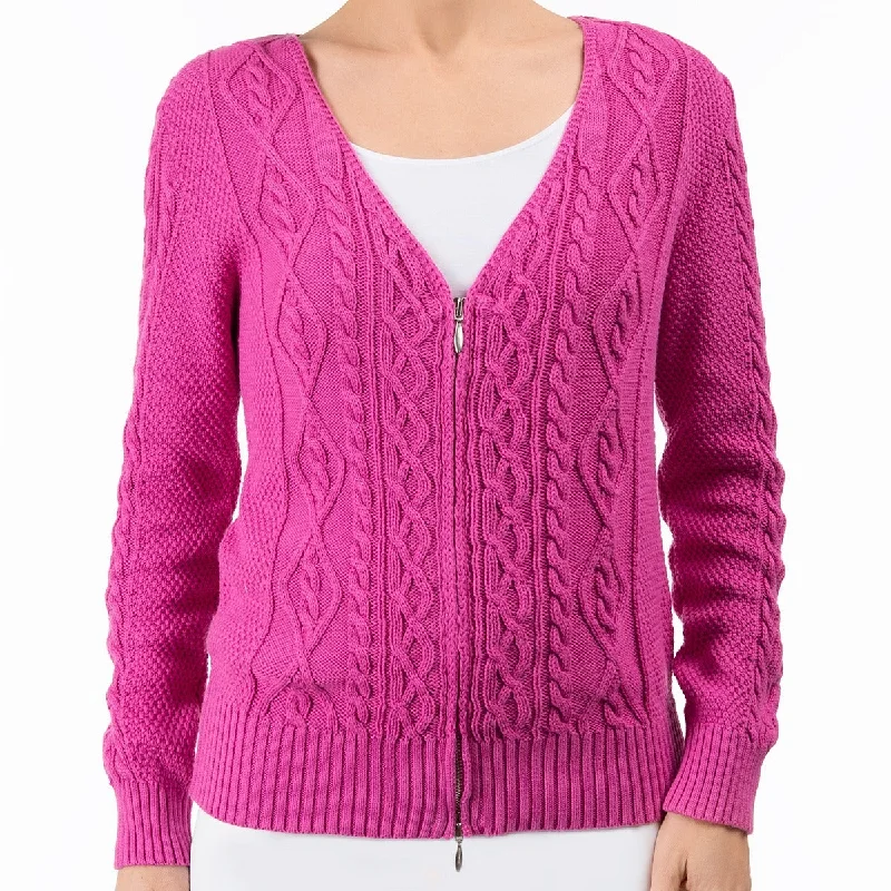 Casual Outfit For Women Cotton Cable Zip Cardigan in Fuxia