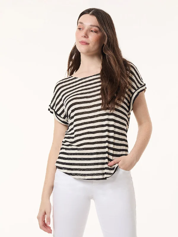 Plus-Size Women's Garments Drop Shoulder Jewel Neck Top, Striped Knit