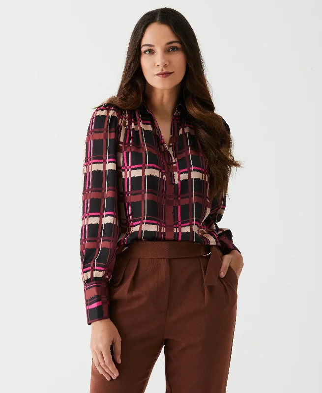 Sales Clothes Petite Plaid Shirred Split Neck Blouse