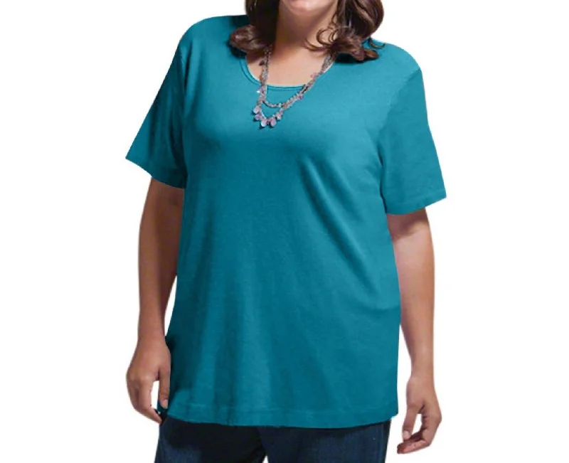 Elegant Women's Fashion Solid Short Sleeve U-Neck Tee - Plus In Ocean Depths