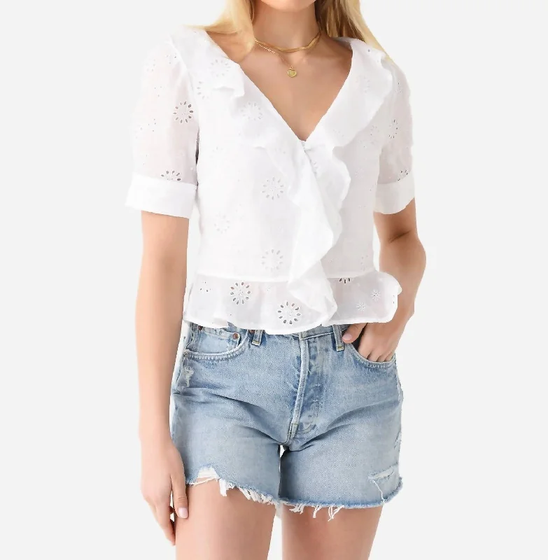 Comfortable Casual Wear Ruffle Front Short Sleeve Top In Blanc