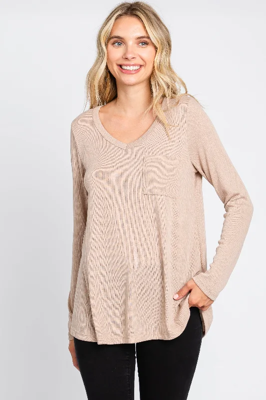 Chic Casual Style Beige Ribbed Knit Long Sleeve Top