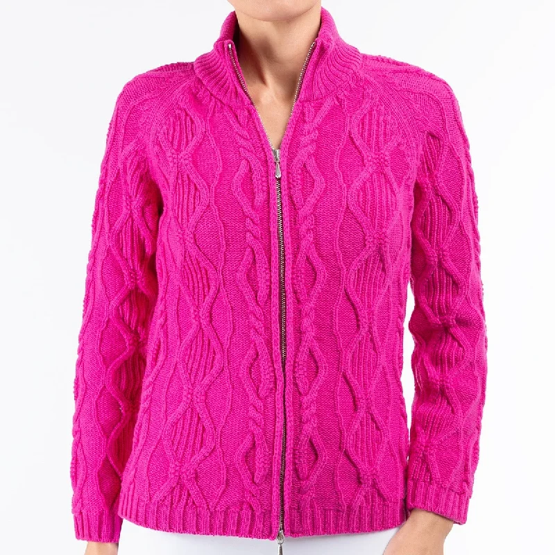 Chic Women's Outfit Cable Zip Cardigan in Fuxia