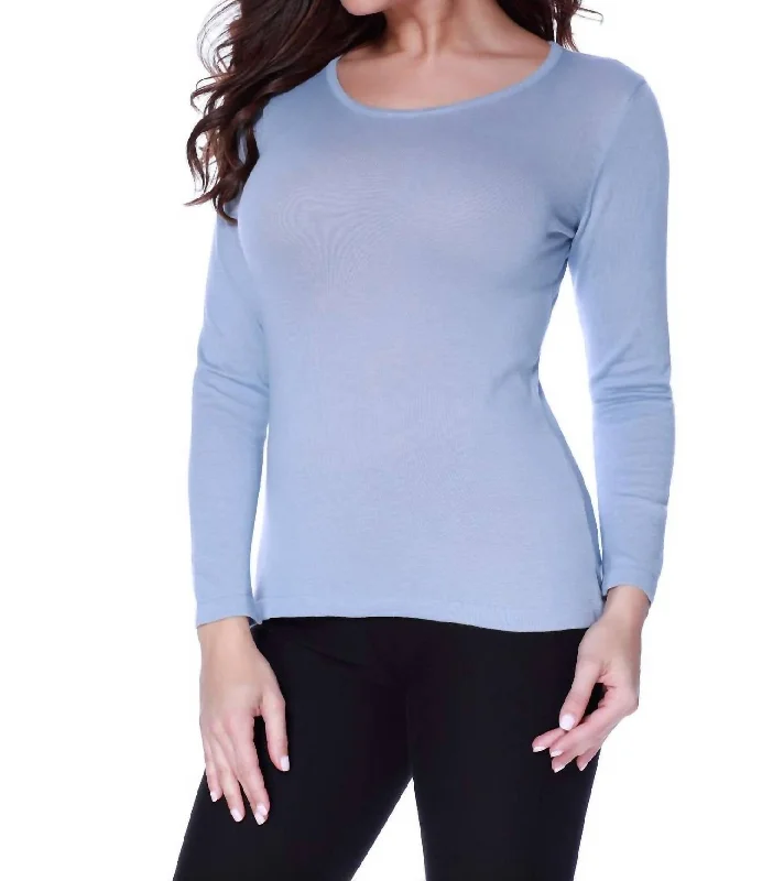 Chic Women's Outfit Long Sleeve Scoop Neck Top In Sky Blue