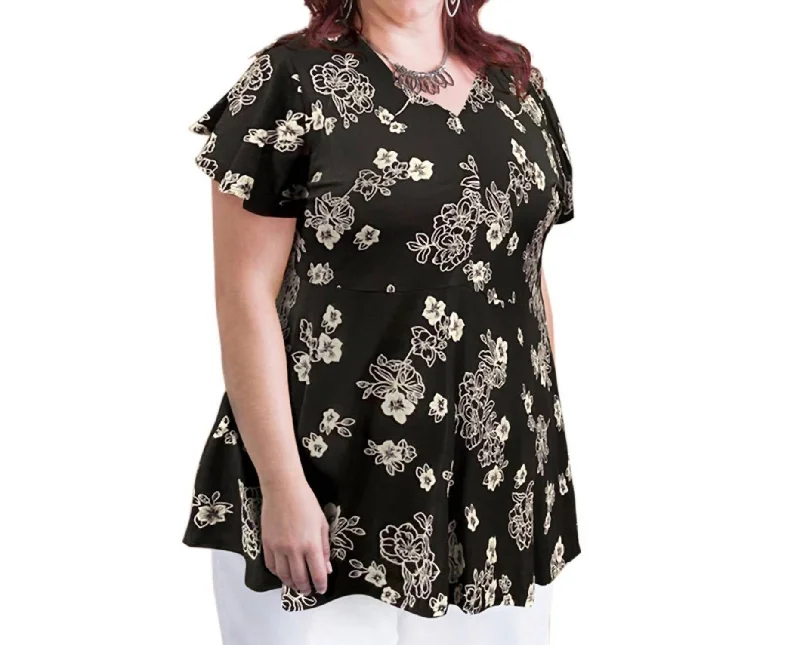 Latest Fashion for Women Printed Short Sleeve Baby Doll Top - Plus In Black/white Floral