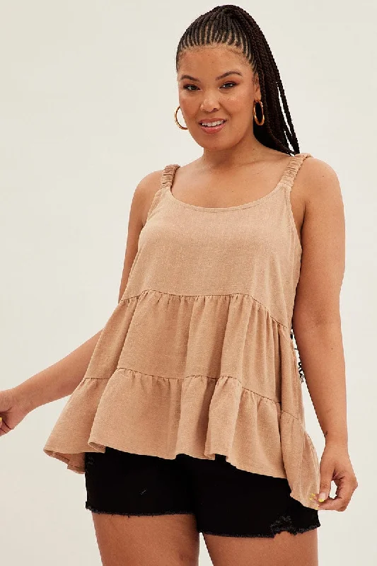 Chic Wardrobe Beige Relaxed Top Sleeveless Tiered Linen Blend